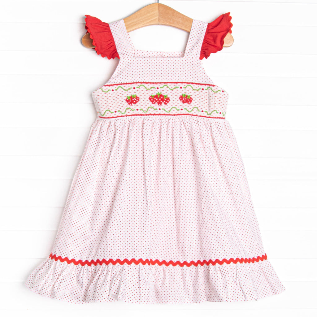 Bitty Dot Berries Smocked Dress, Red