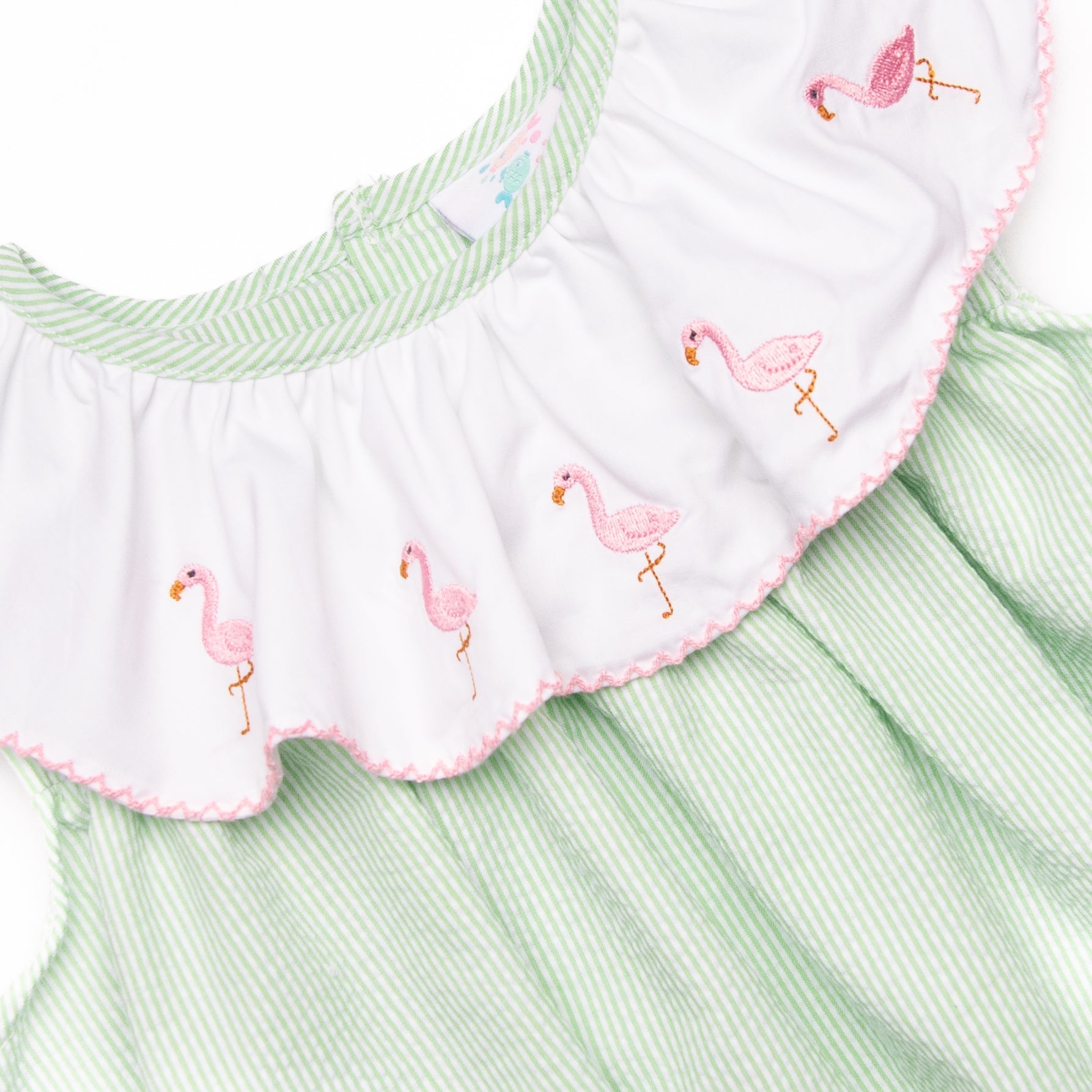 Flamingo Flock Embroidered Dress, Green Seersucker