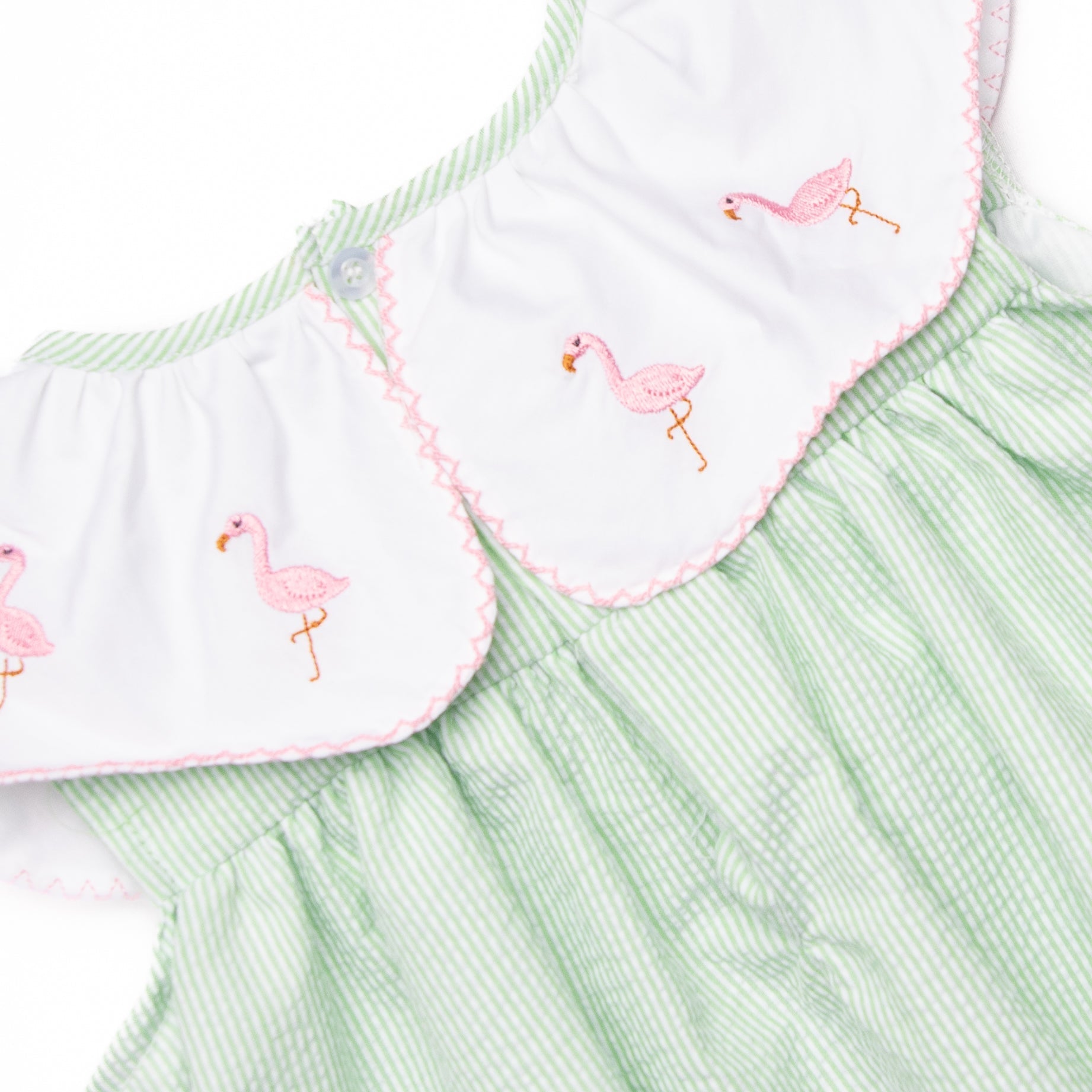 Flamingo Flock Embroidered Dress, Green Seersucker