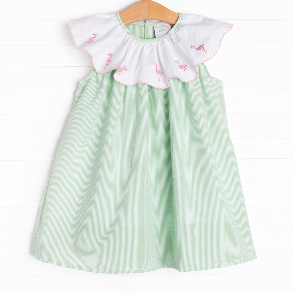 Flamingo Flock Embroidered Dress, Green Seersucker