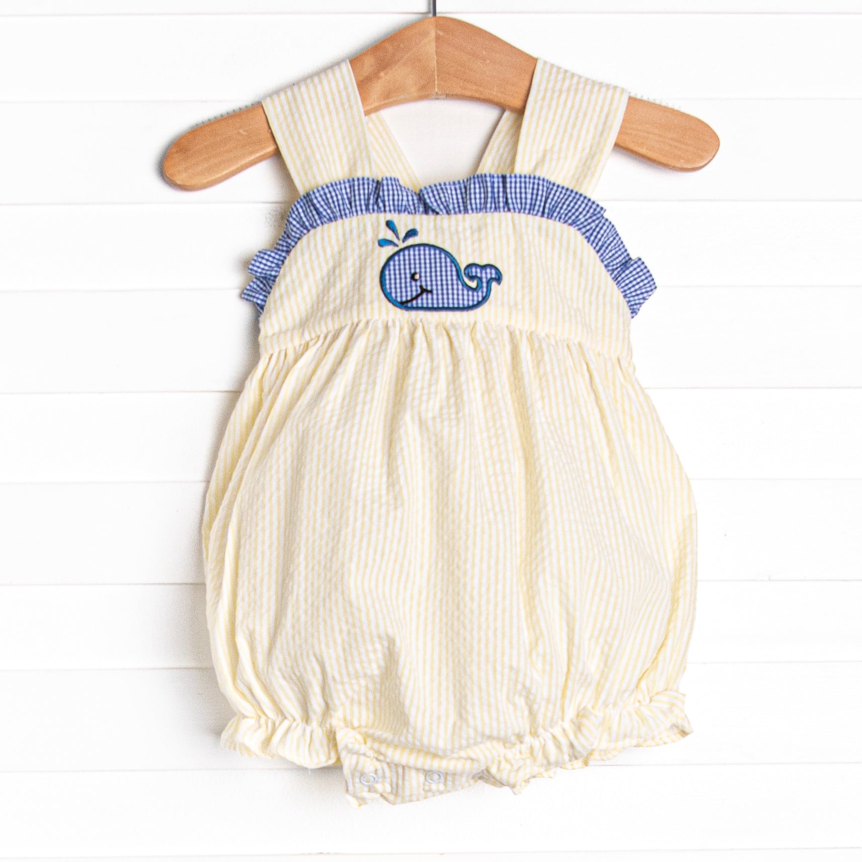 Whale's Tail Applique Bubble, Yellow Seersucker
