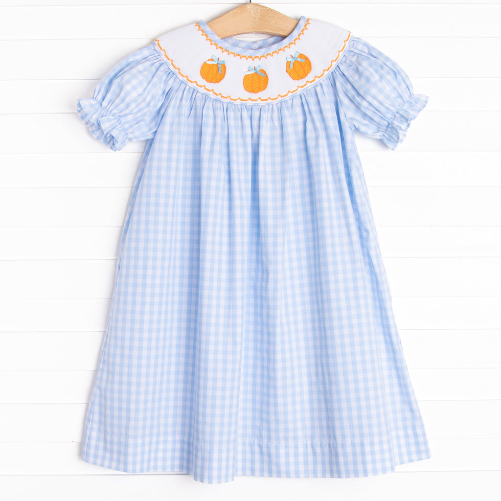 Happy Harvest Smocked Bishop Dress, Blue Check