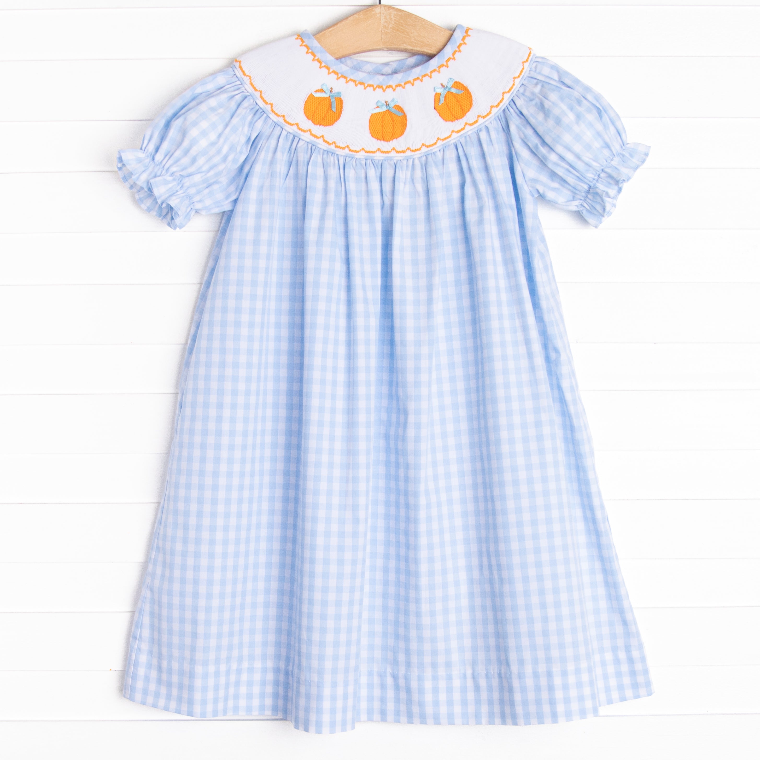 Happy Harvest Smocked Bishop Dress, Blue Check