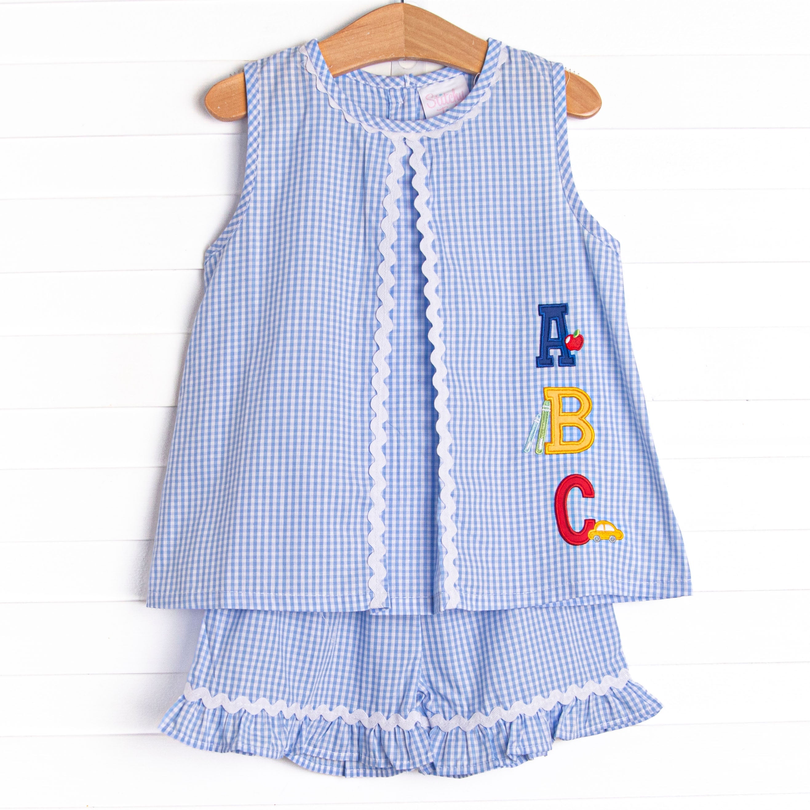 Spelling Bee Sweetie Applique Ruffle Short Set, Blue Gingham