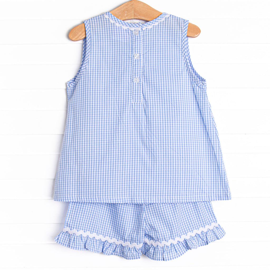 Spelling Bee Sweetie Applique Ruffle Short Set, Blue Gingham
