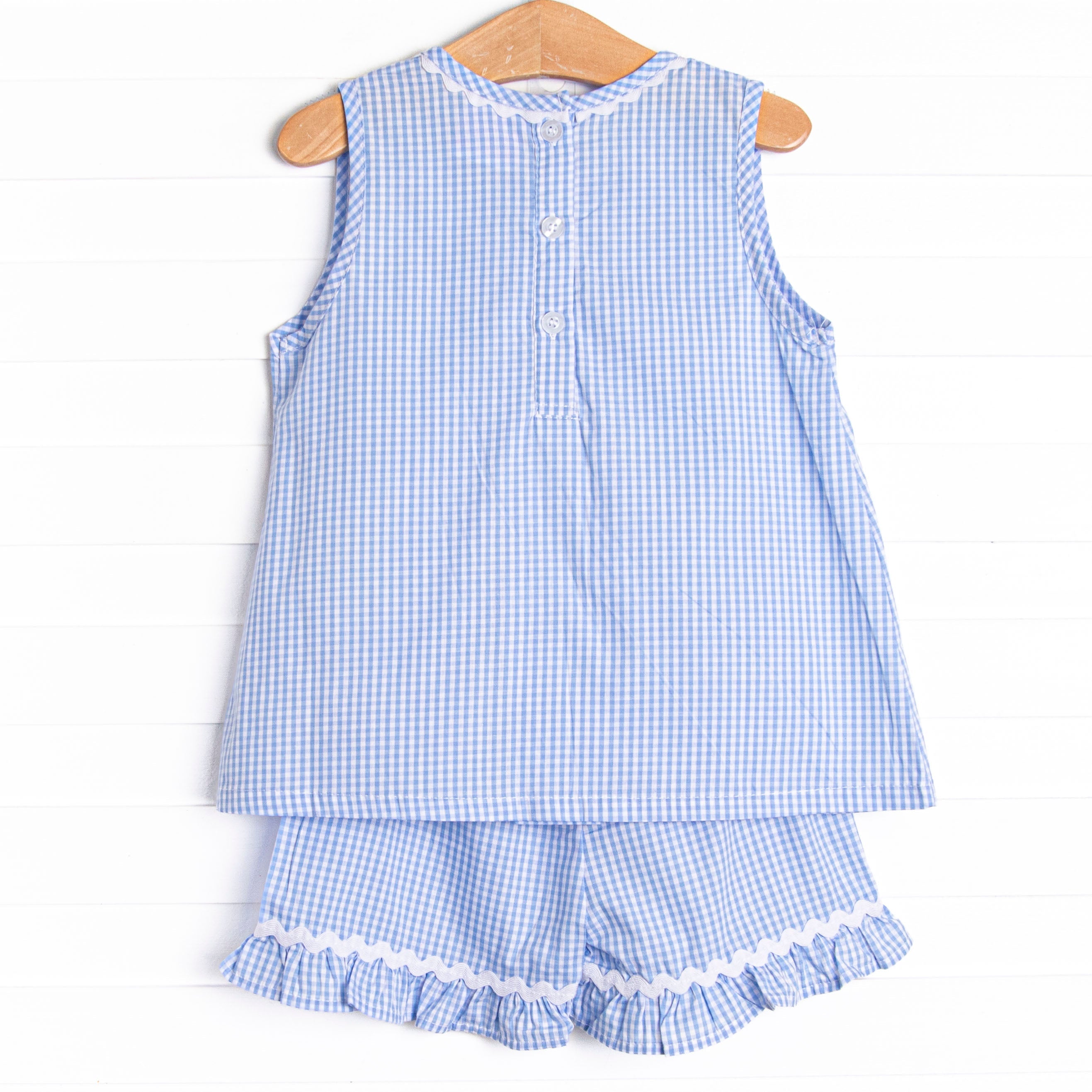 Spelling Bee Sweetie Applique Ruffle Short Set, Blue Gingham