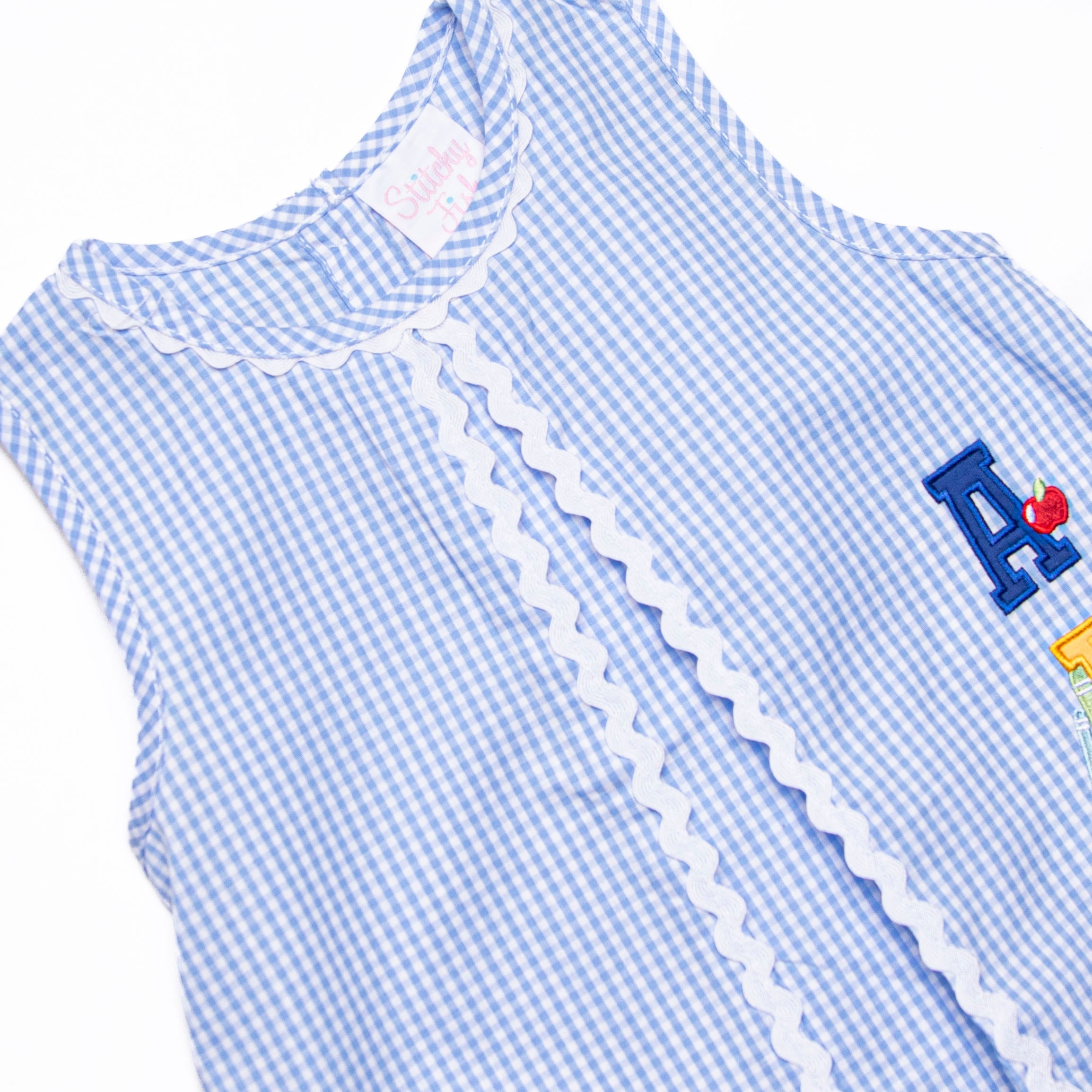 Spelling Bee Sweetie Applique Ruffle Short Set, Blue Gingham