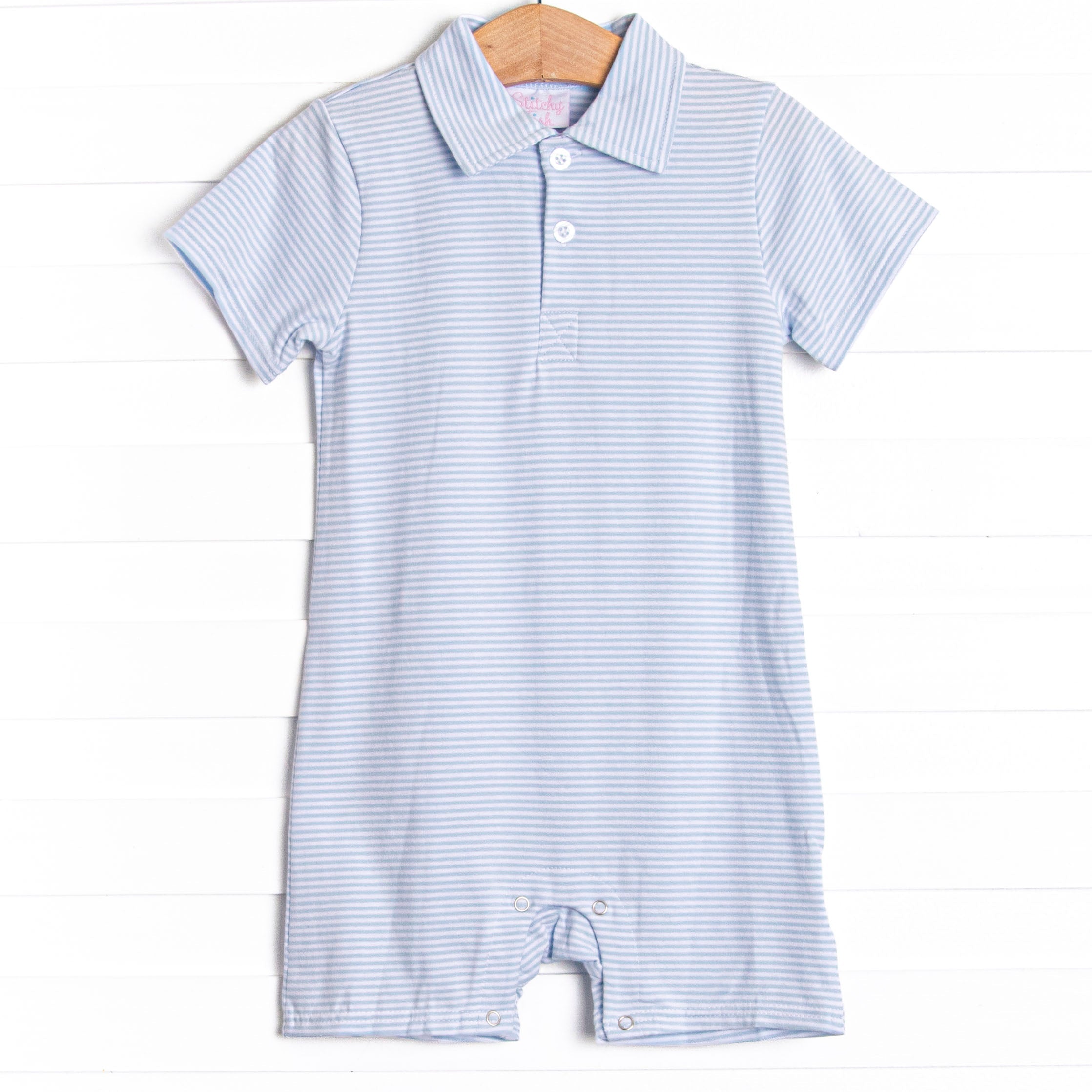 Levi Short Romper, Light Blue Stripe